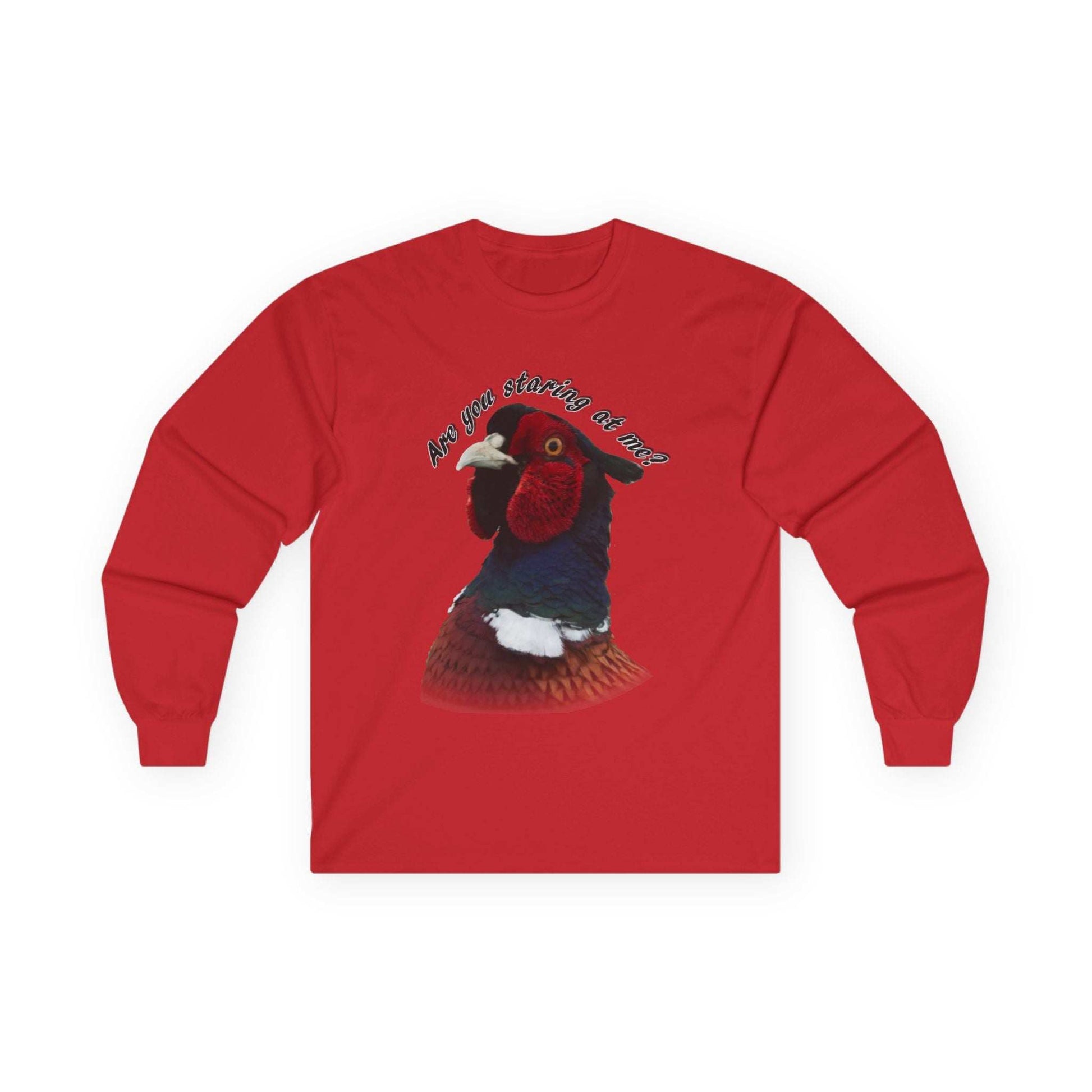 Red long sleeve tee with a funny pheasant design and text, perfect for nature lovers and bird enthusiasts.