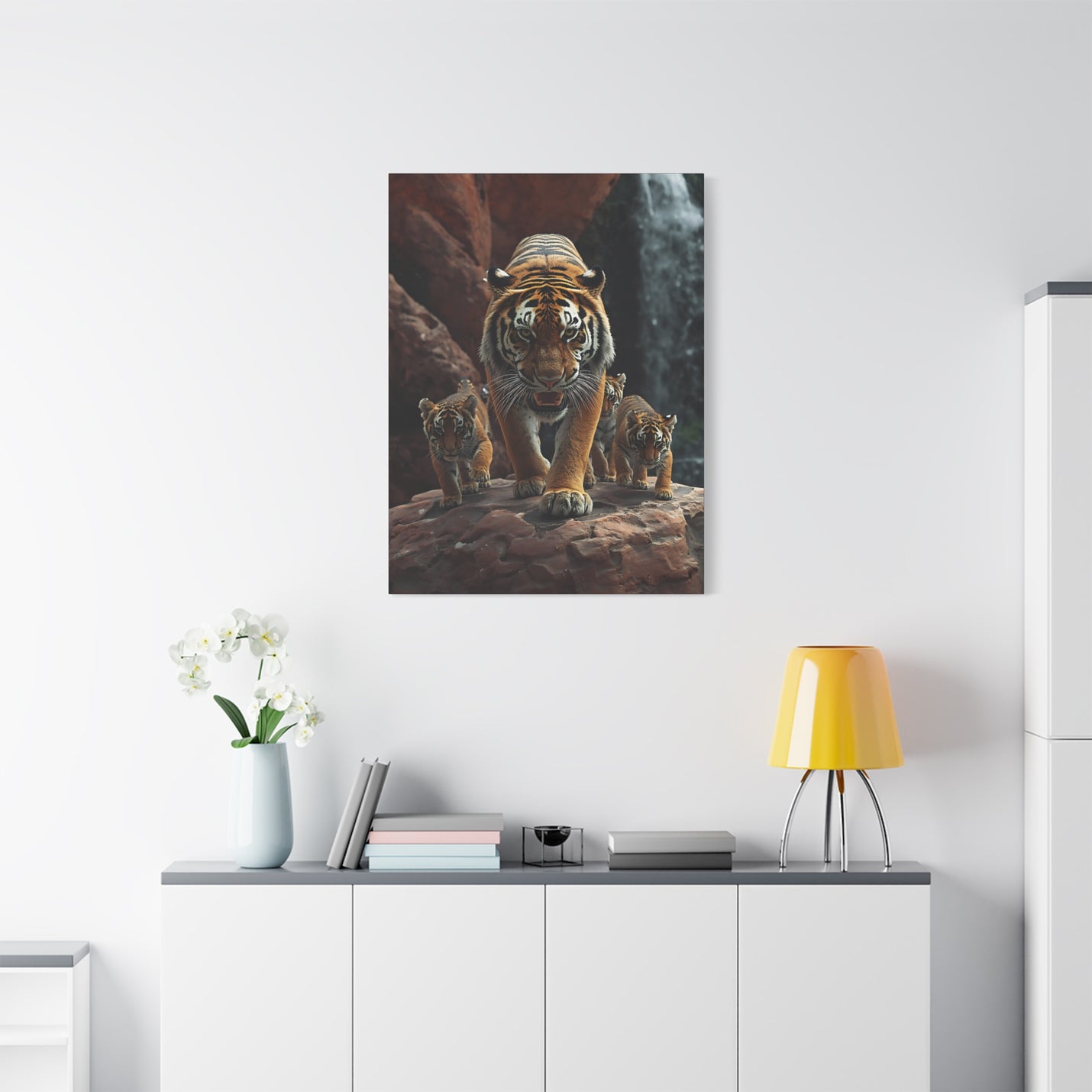 Premium 30″ x 40″ | 76.20 cm x 101.60 cm wildlife tigers canvas print on a 1.25″ | 3.18 cm modern gallery frame.