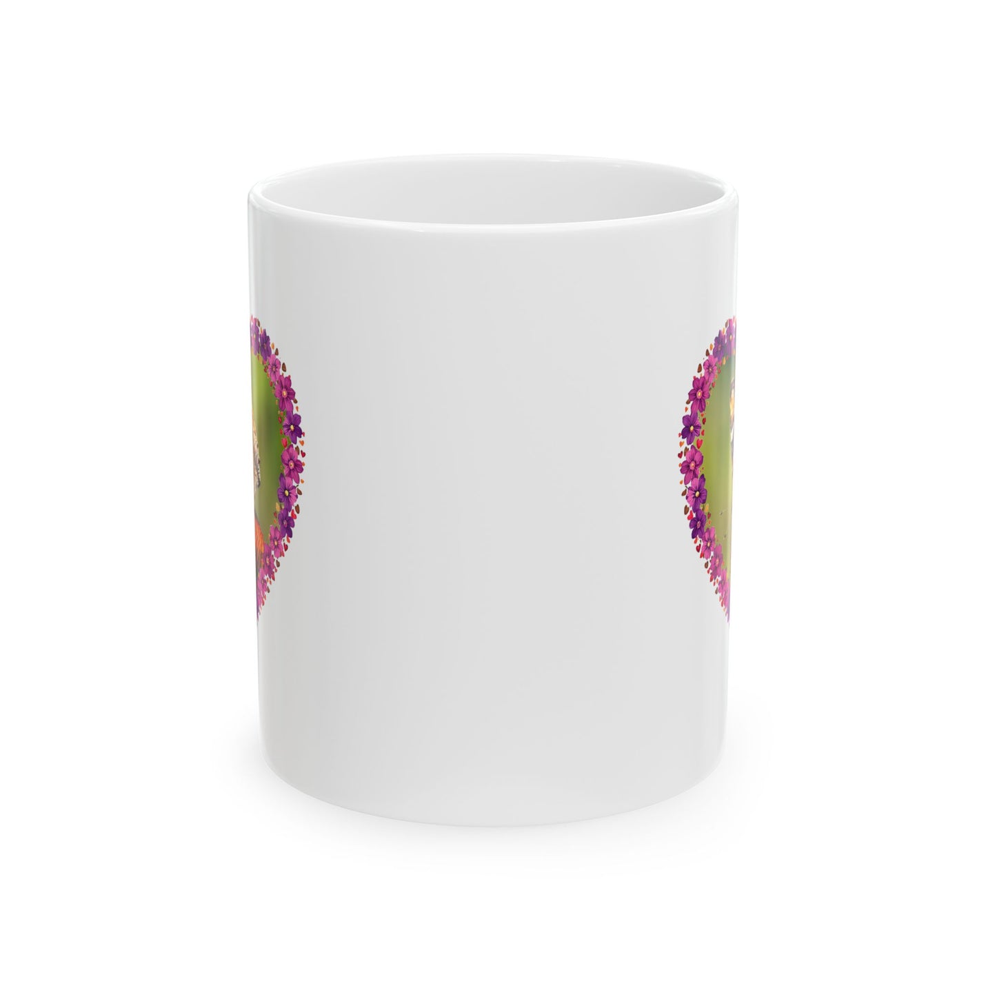 Beautiful 11oz Heart Flower Frame Butterfly Ceramic Mug near a bright window during a relaxed coffee break.