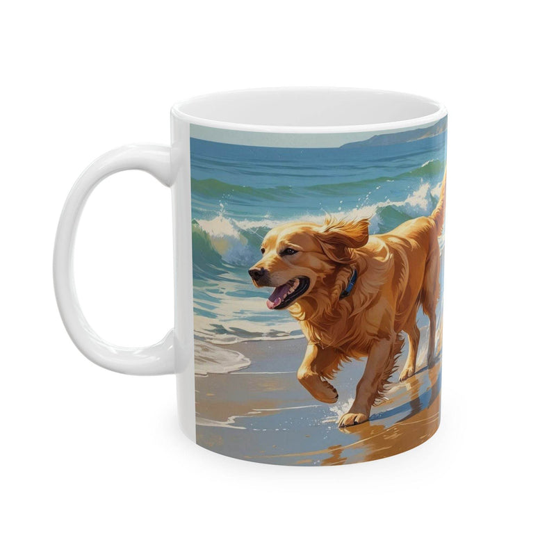 Charming 11oz ceramic Mug - Dogs on the Sunny Beach Ceramic Coffee Mug showing a panoramic beach scene on a wooden kitchen counter.