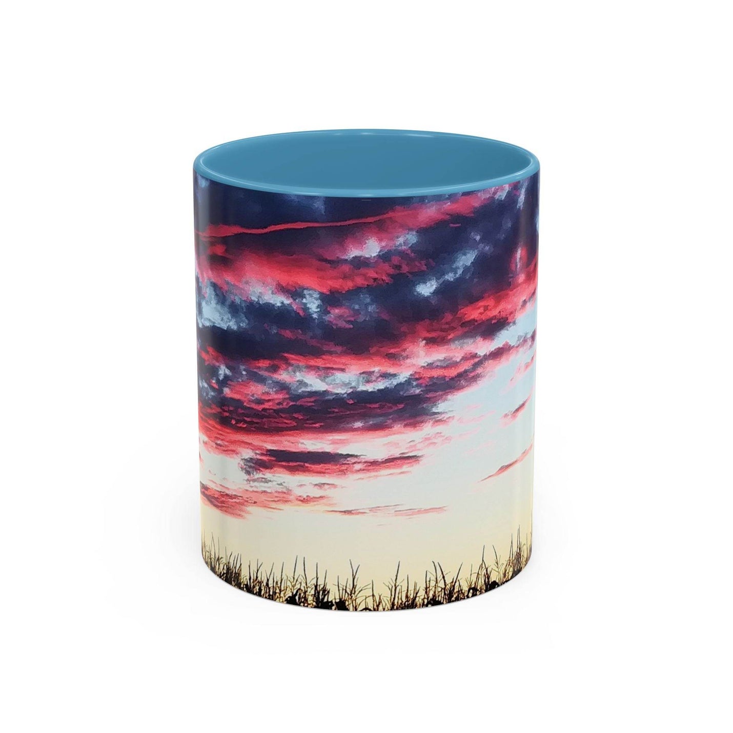 Künstlerischer 325ml Kaffeebecher mit Sonnenuntergangs-Akzent, gestaltet mit einem hellblauen Henkel und hellblauer Innenseite.
