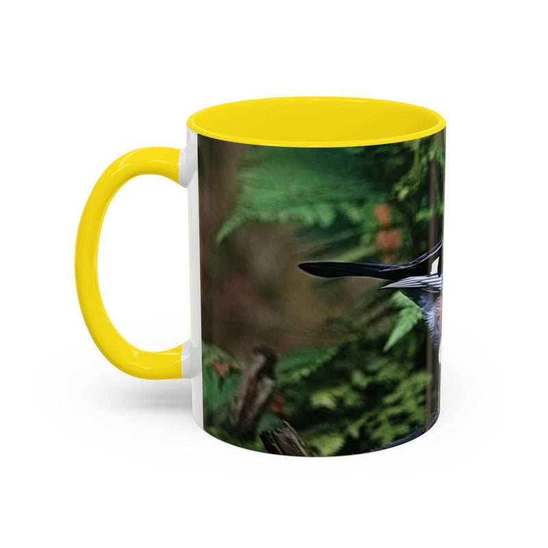 Vogelliebhaber Becher 325ml mit buntem Eichelhäher und gelbem Griff.