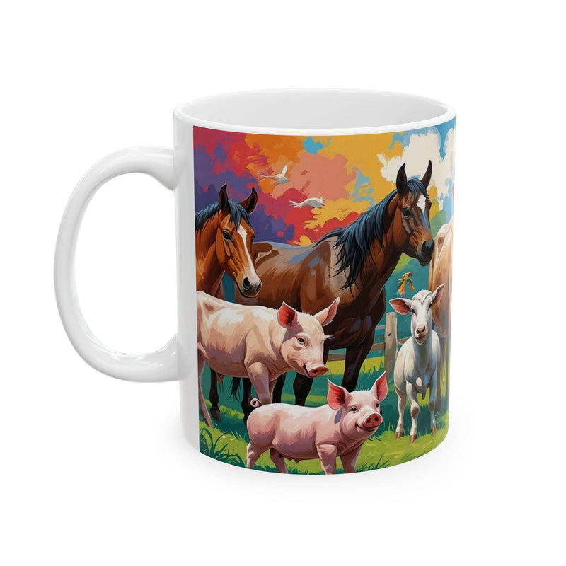 Charming 11oz Mug Farm Animals Ceramic Mug - Gift for Animal Lovers with a rustic countryside pattern on a modern wooden kitchen counter.
