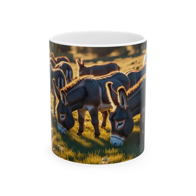 Cheerful 11oz farm themed Mug - Grazing Donkeys Ceramic Coffee Mug standing beautifully next to green indoor plants.