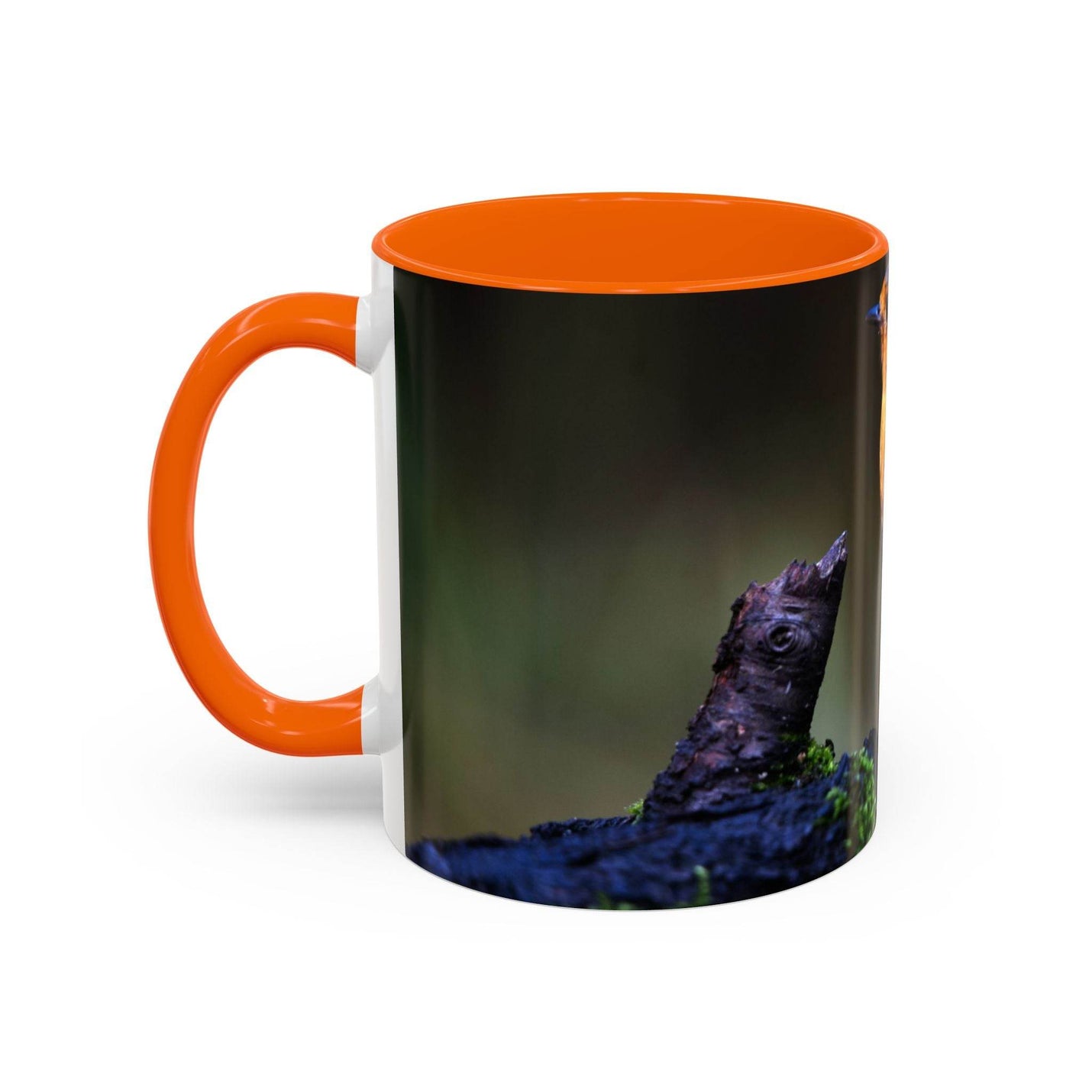 Premium 11oz white ceramic coffee mug with a robin nature design, an orange handle and matching orange inside.