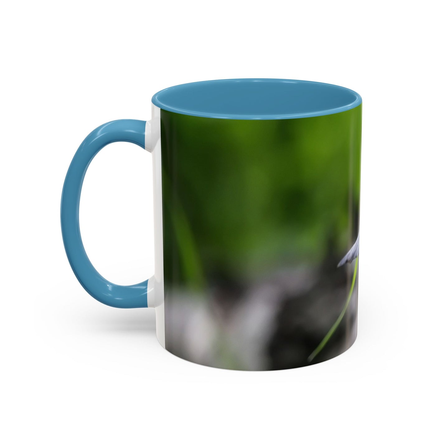 325ml nature-inspired bird photography coffee mug with a light blue handle and light blue inside.