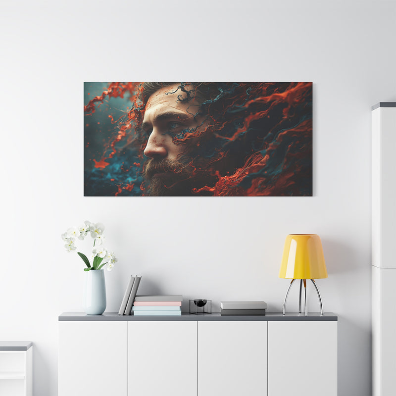 Cinematic ocean god canvas art, size 60″ x 30″ | 152.40 cm x 76.20 cm, Depth 1.25″ | 3.18 cm, featuring rich red and blue pigments.