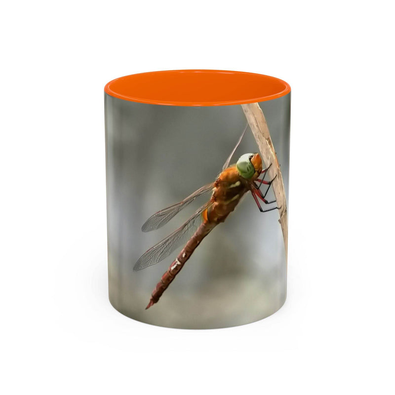 Pretty dragonfly accent coffee mug in 325ml size, designed with an orange handle and orange inside to add a stylish pop of personality.
