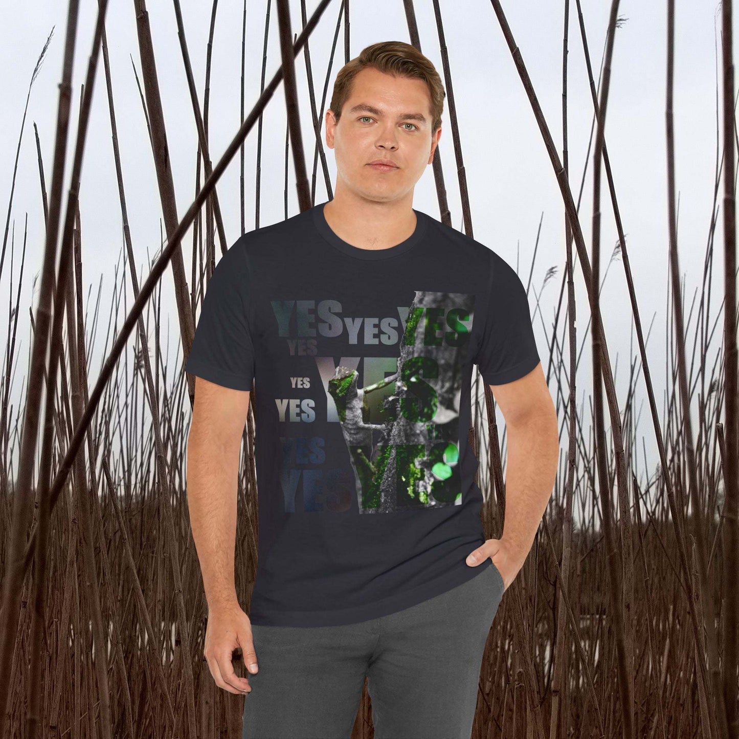 Diploderma Nature Print Unisex Tee with Yes and No graphic, nature-inspired design, worn outdoors.