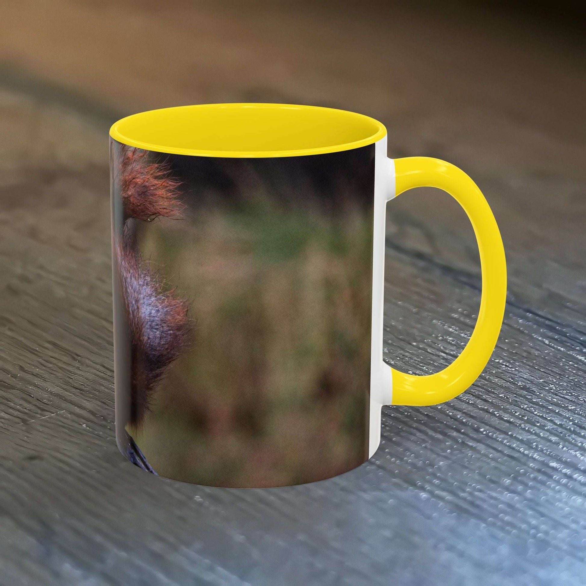 Cute squirrel coffee mug with yellow interior, perfect gift for nature lovers.