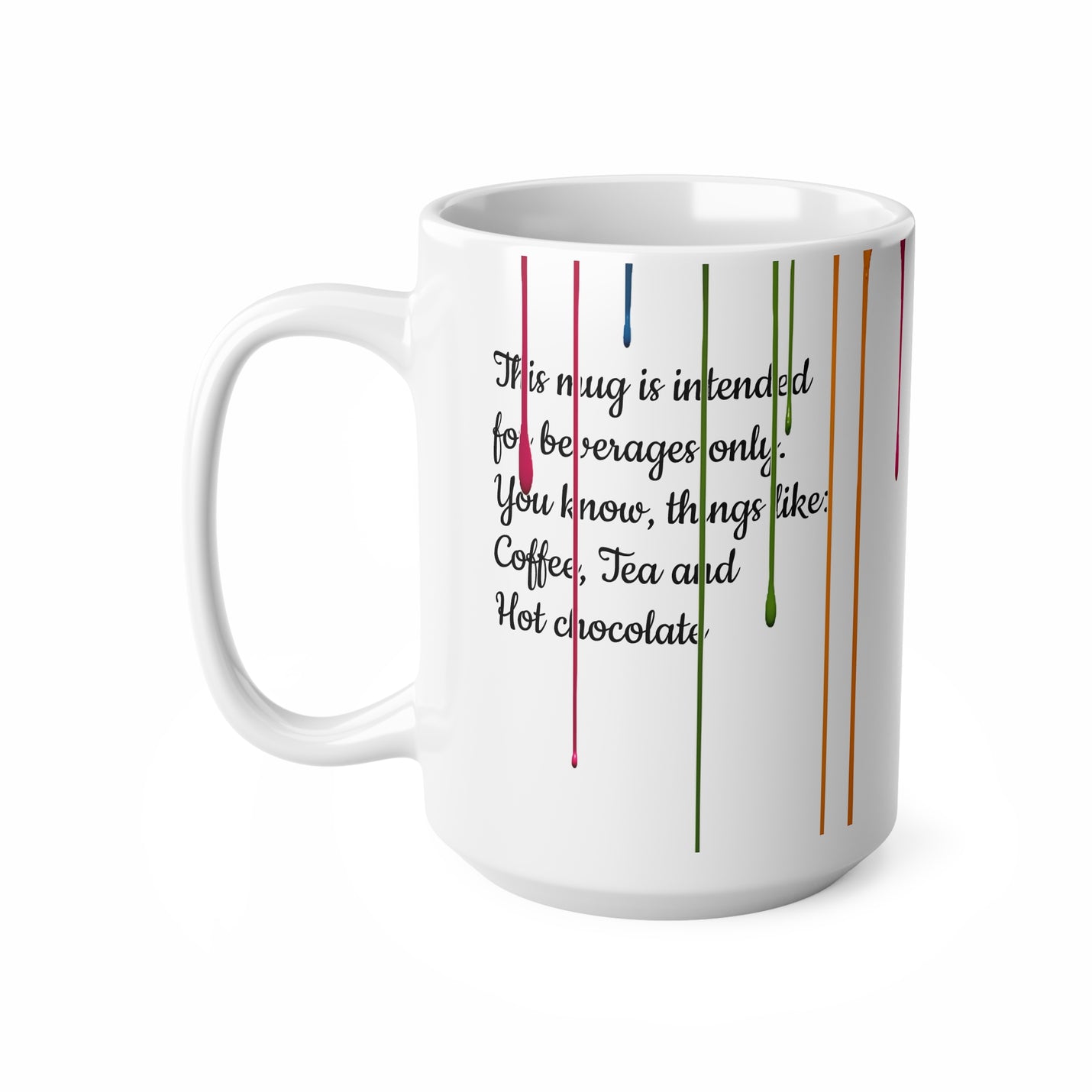 Kreativer 440ml glänzend weißer Keramik-Becher mit spielerischen Farbtropfen in einem bunten Regenbogen aus Farben.