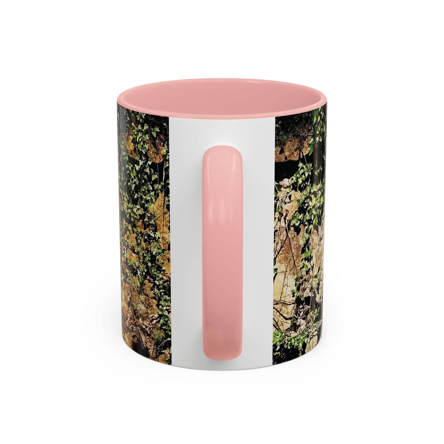 Ein tolles Geschenk: 325ml Moosfelsen Kaffeebecher gestaltet mit einem rosa Henkel und rosa Innenseite.