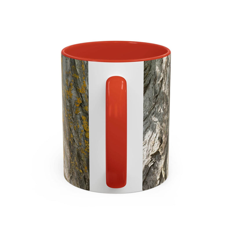Earthy 11oz Coffee Mug - Tree Trunk Design on display, showcasing its red handle and red inside.