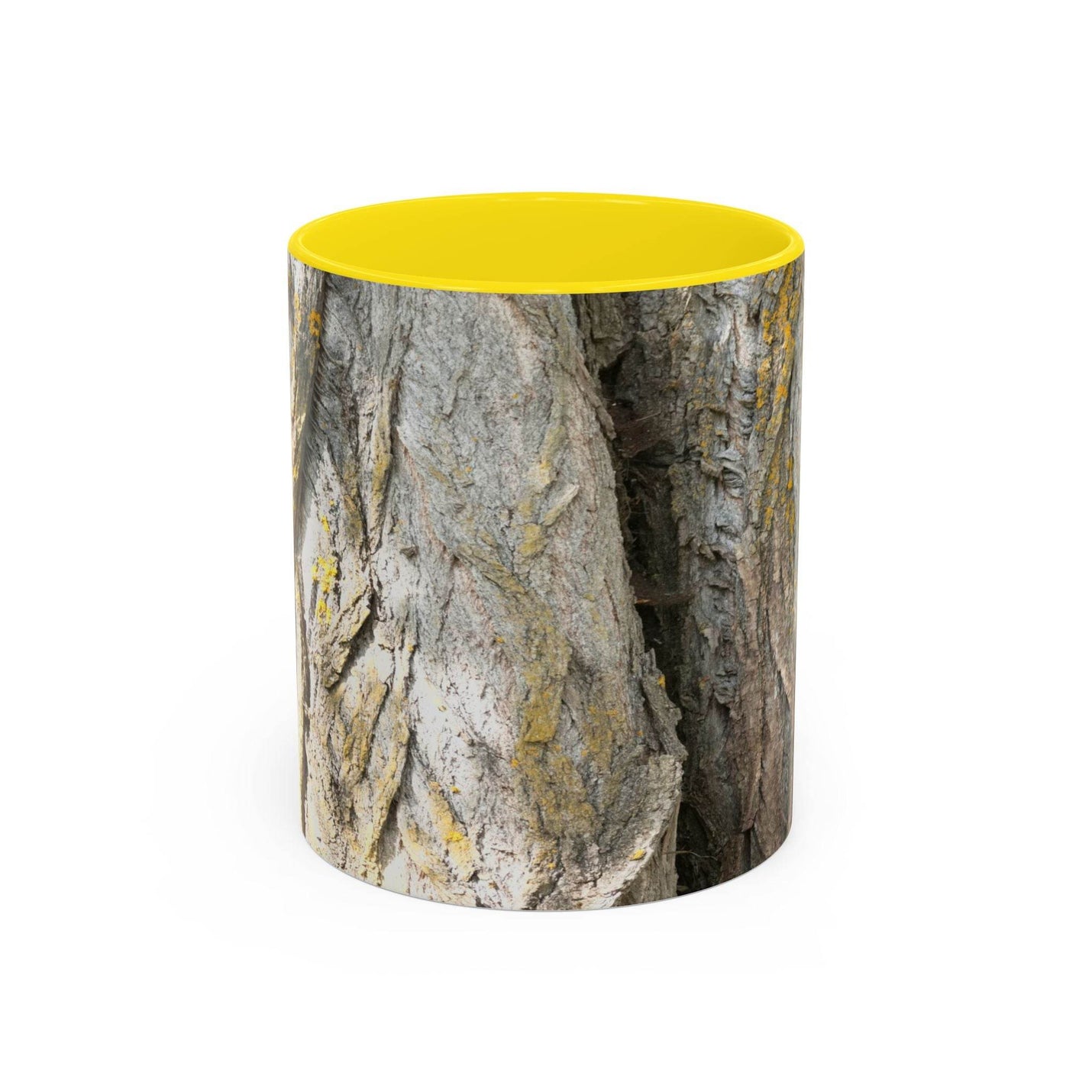 Cozy 11oz Coffee Mug - Tree Trunk Design showing the yellow handle and yellow inside next to a bowl.