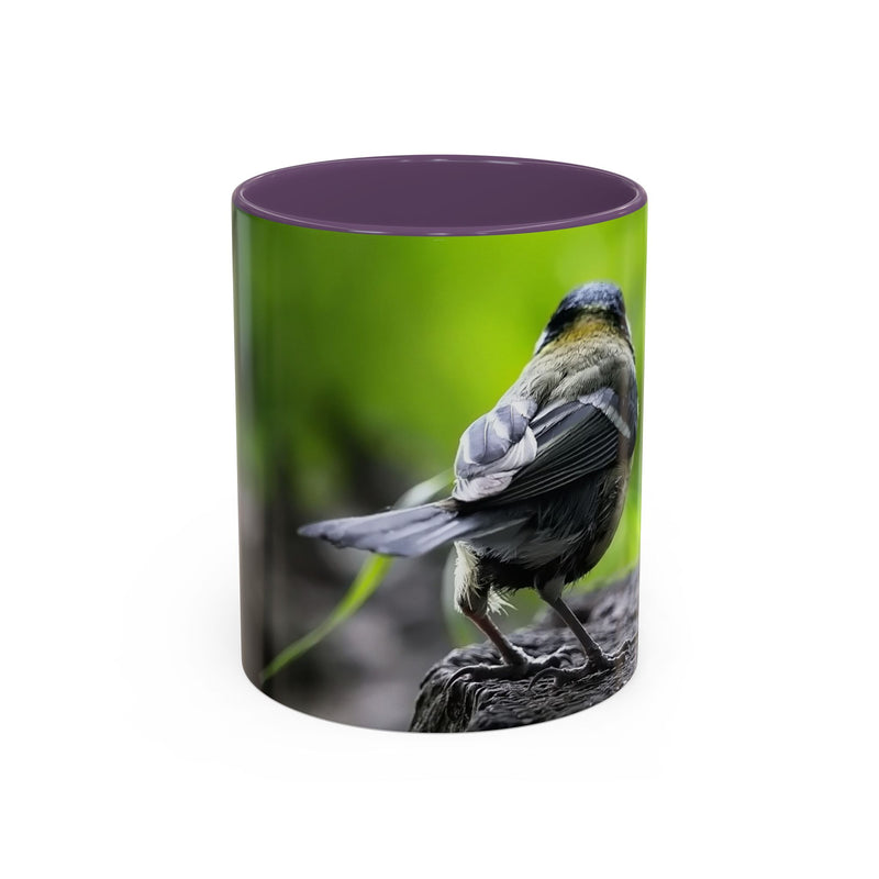 Ceramic 325ml bird photography accent coffee mug with a purple handle and purple inside.