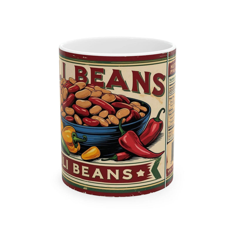 Quirky 11oz Mug Can of Chili Beans Ceramic Coffee Mug standing beautifully next to fresh green indoor botanical plants.