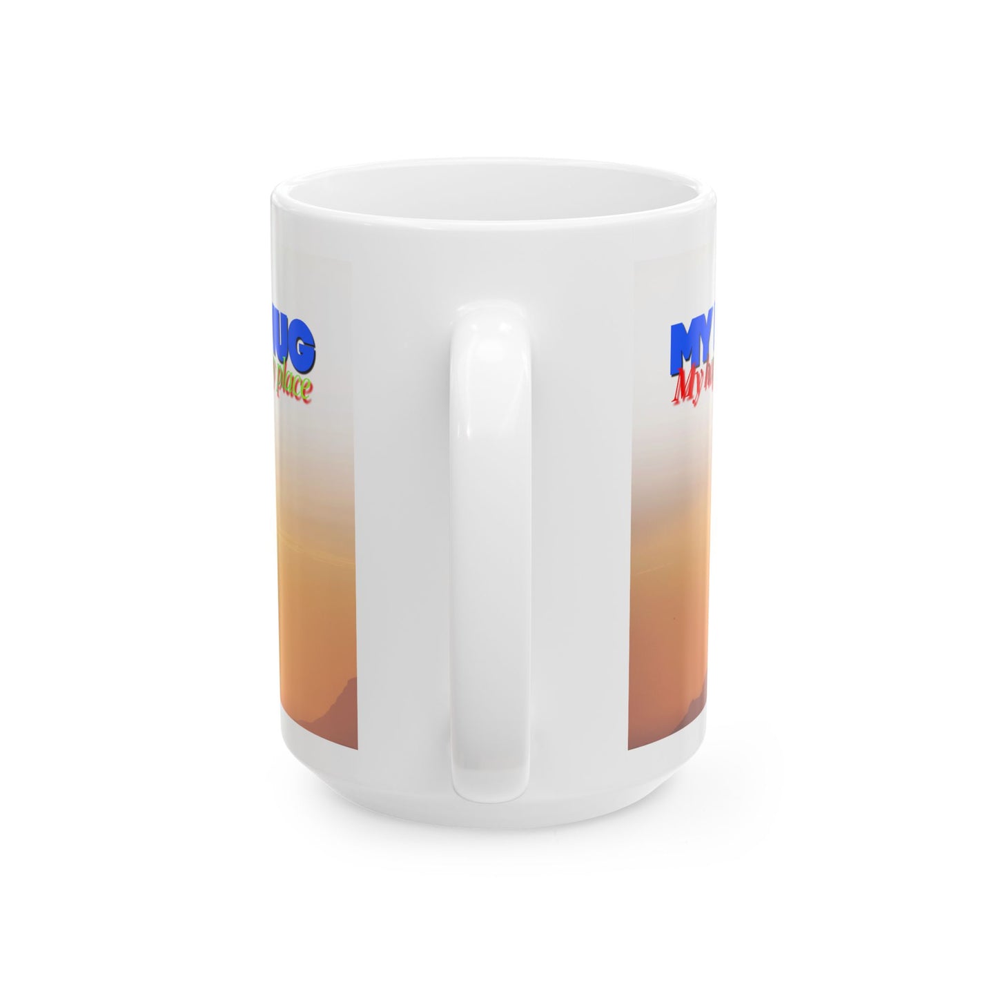 Durable 15oz My Mug 'My Happy Place' Ceramic Coffee Mug — Midnight Sun Scenic on a tray ready for coffee or hot cocoa.