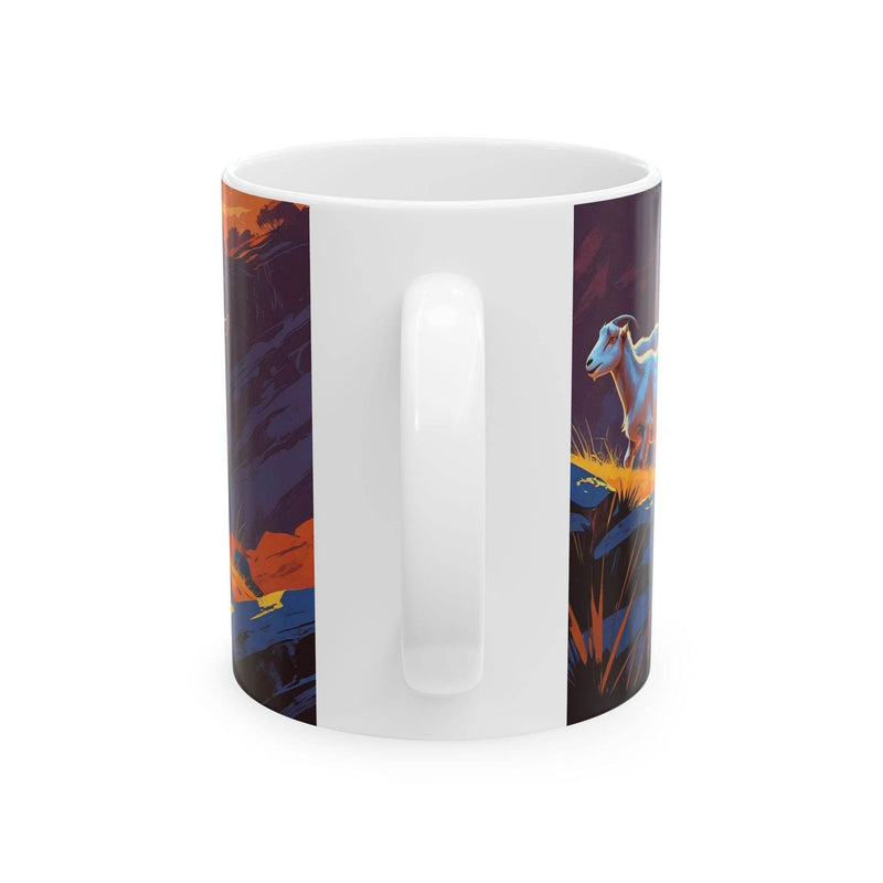 Cozy morning lifestyle view of a 11oz Mug Goats in the Mountains Ceramic Coffee Mug near a sunlit room window.