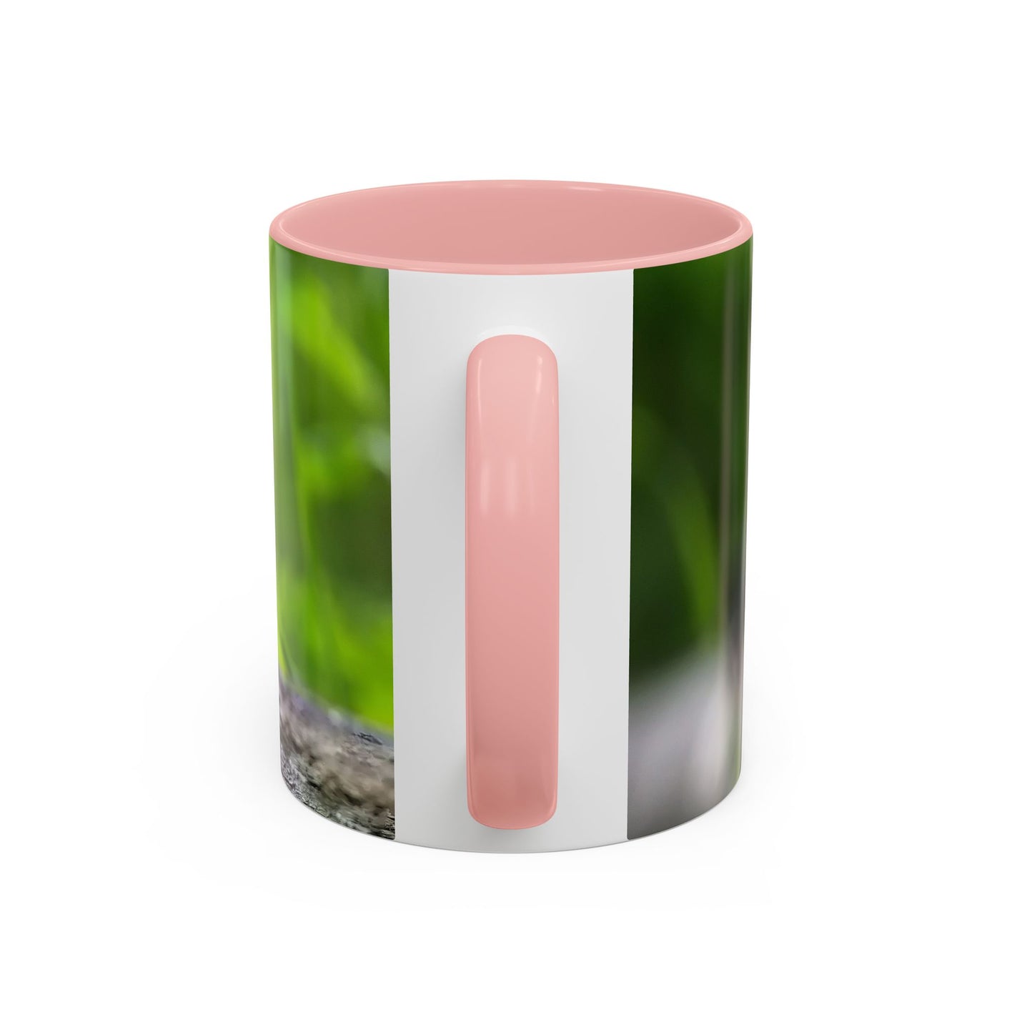 Cozy 325ml coal tit photography mug designed with a pink handle and pink inside.
