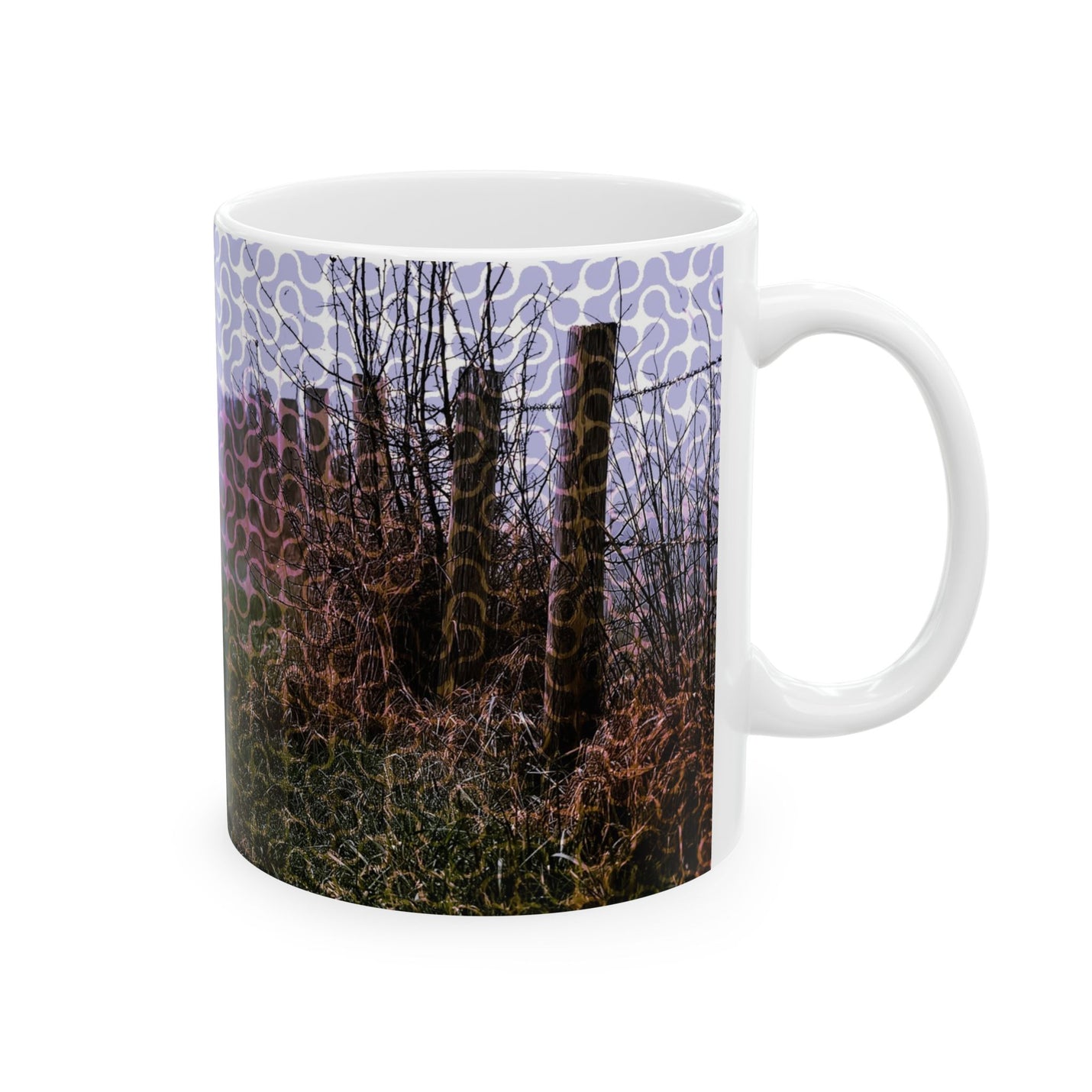 Charming 11oz misty forest landscape mug crafted with an ORCA-coated vivid finish and a comfortable C-shaped handle for slow sips.