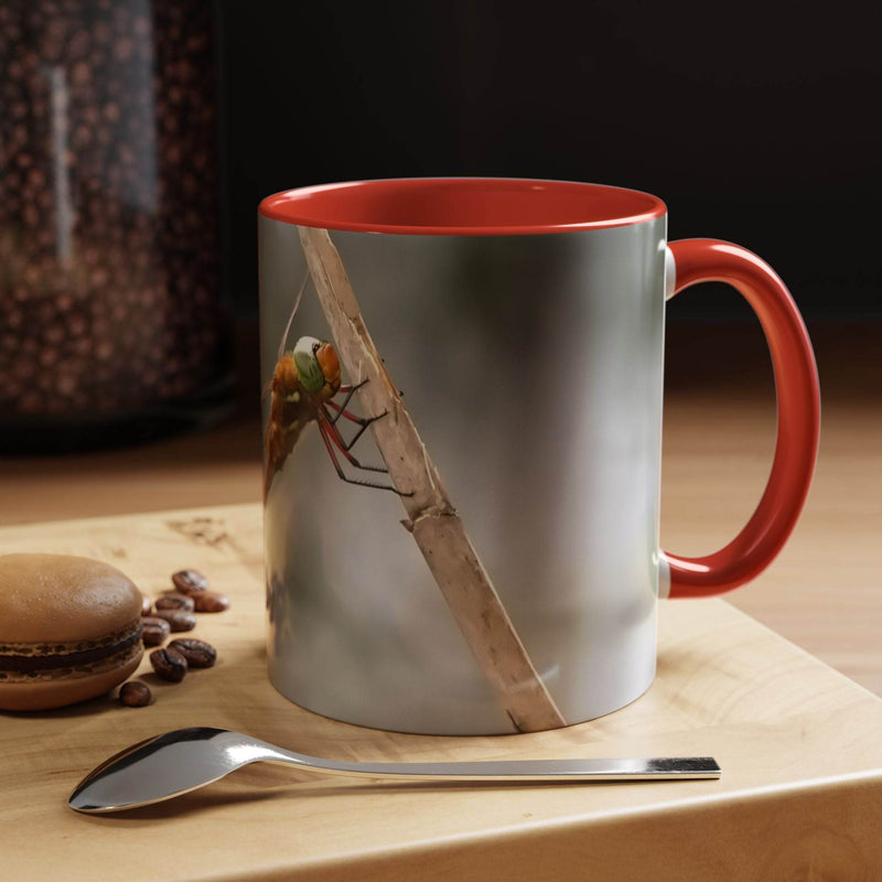 Beautiful 325ml dragonfly mug with a smooth finish, a perfect gift idea featuring a bold red handle and red inside.