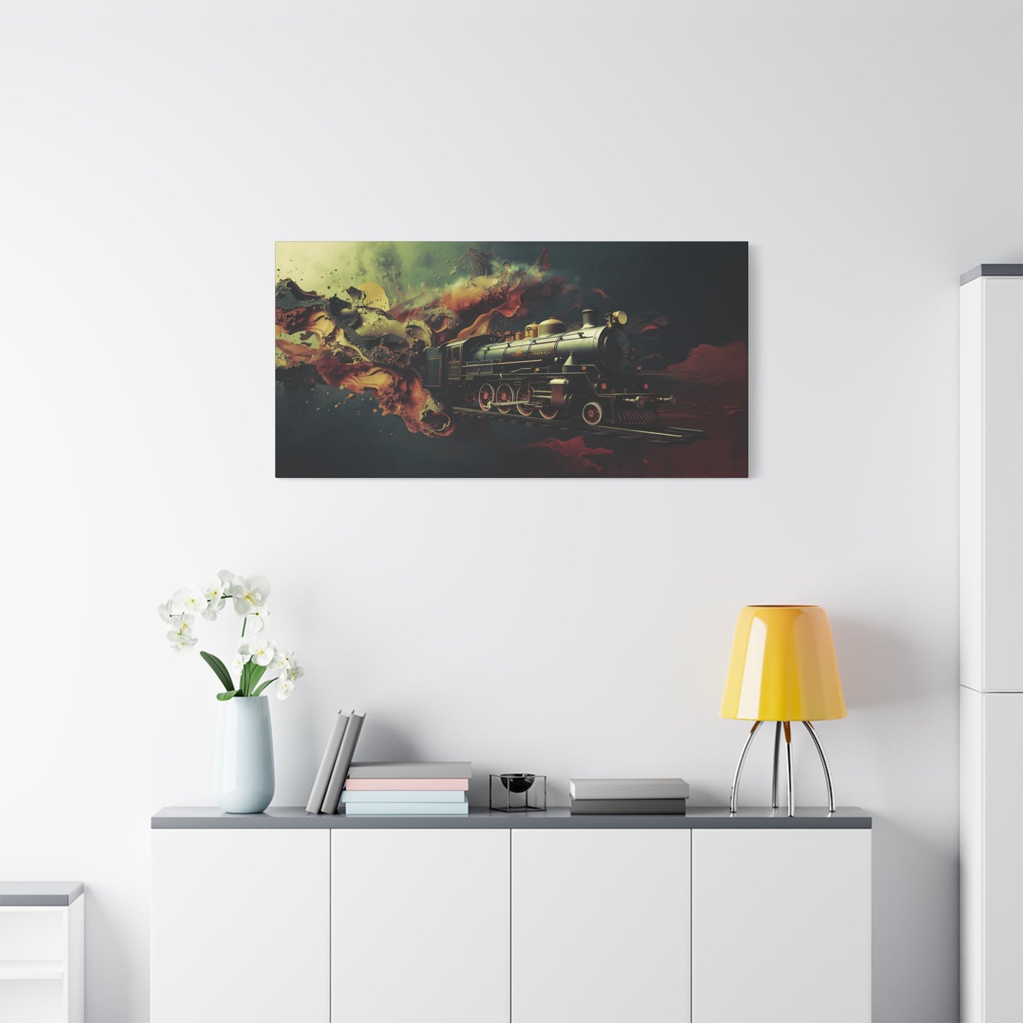 Steam Locomotive Wall Art Canvas — Vintage Train in Fiery Smoke