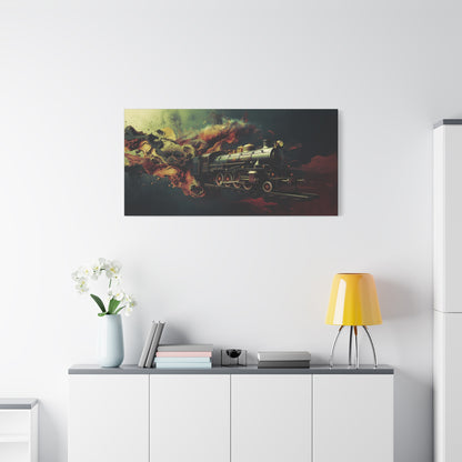 Steam Locomotive Wall Art Canvas — Vintage Train in Fiery Smoke
