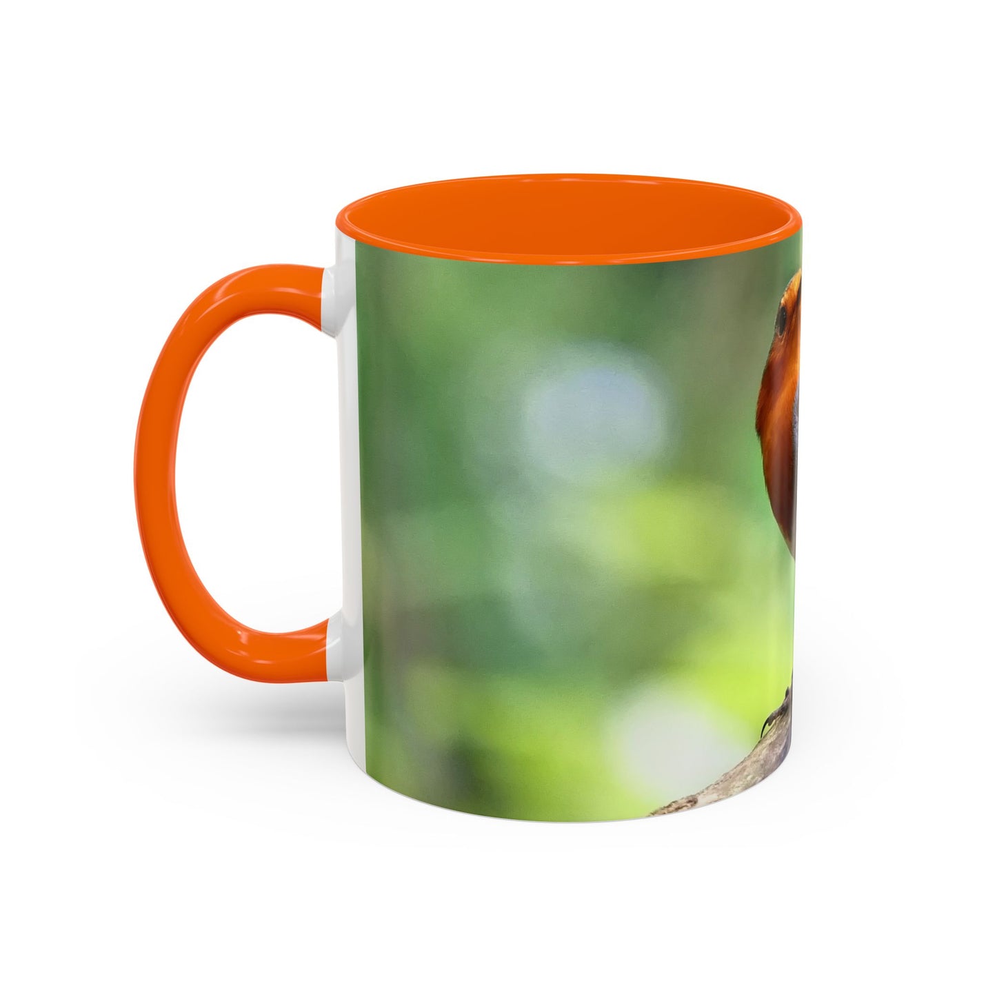Stately Robin Ceramic Mug 325ml with Orange handle and interior — robin bird portrait on ceramic mug.