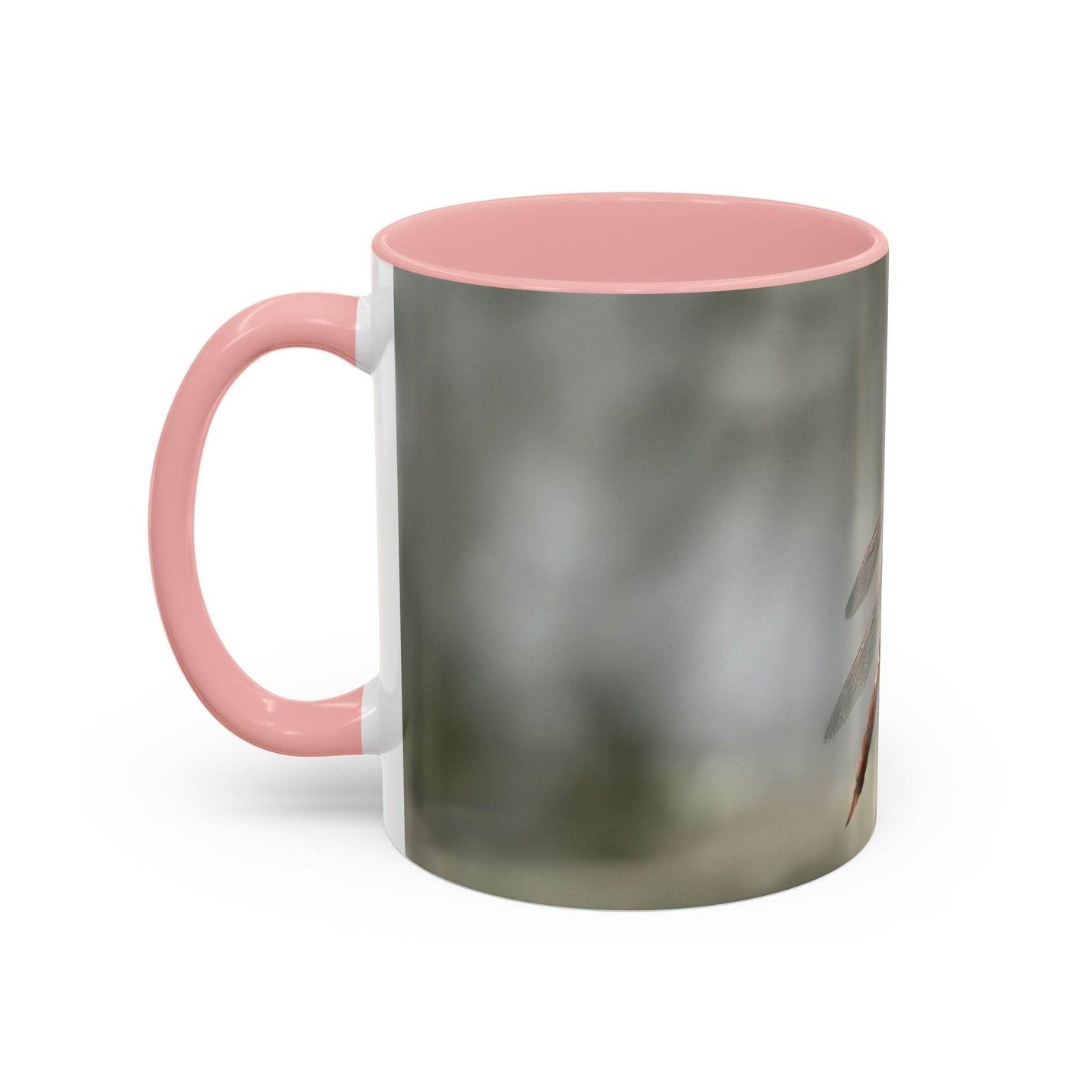 Glossy 325ml dragonfly coffee cup printed with high-quality ink, finished with a classic pink handle and solid pink inside.