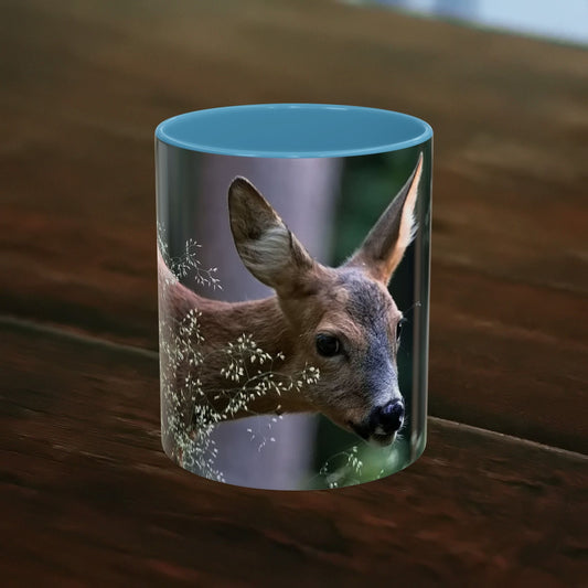 Nature-inspired deer print mug featuring a serene deer and floral elements for women, perfect for coffee or tea.