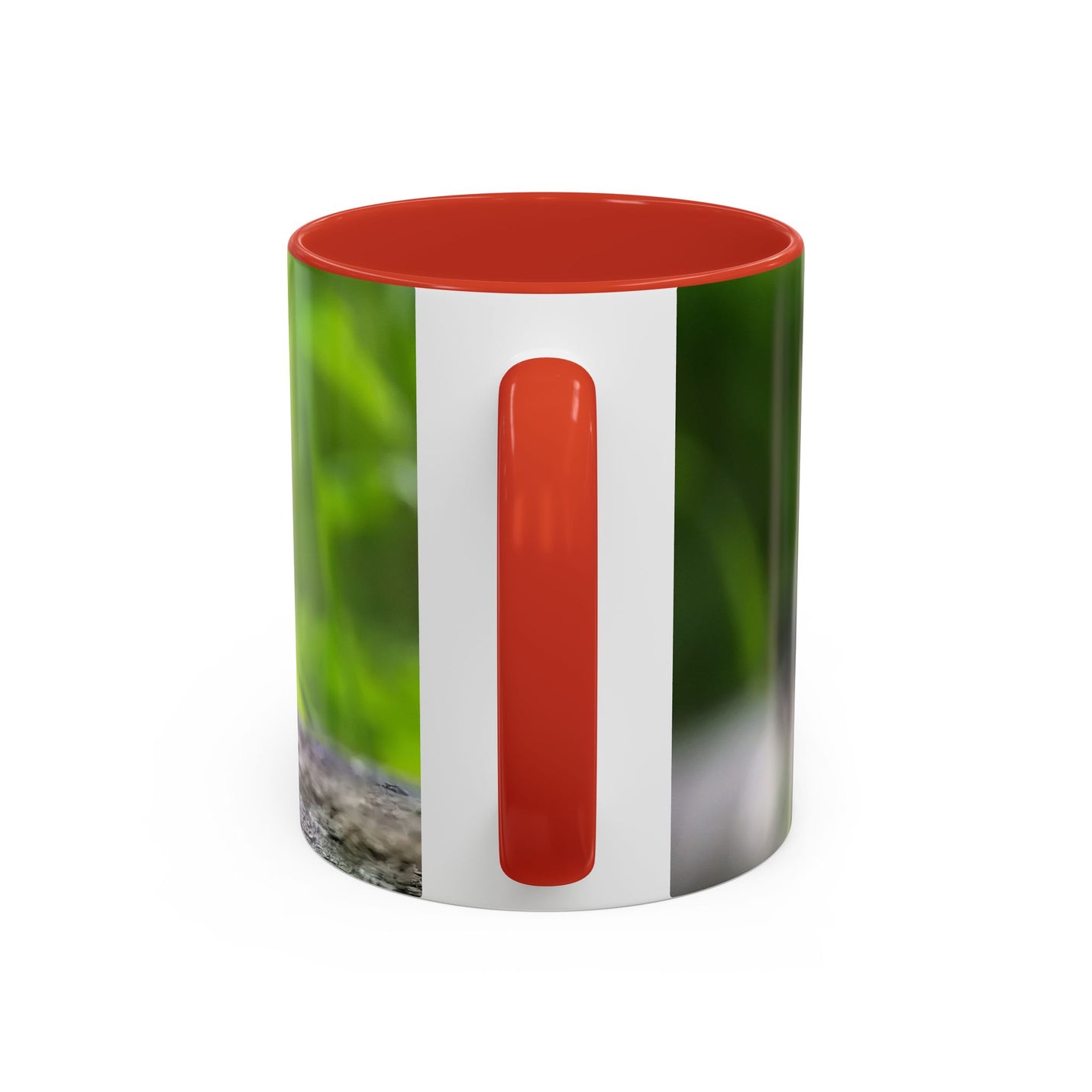 Cozy 325ml coal tit photography mug designed with a red handle and red inside.