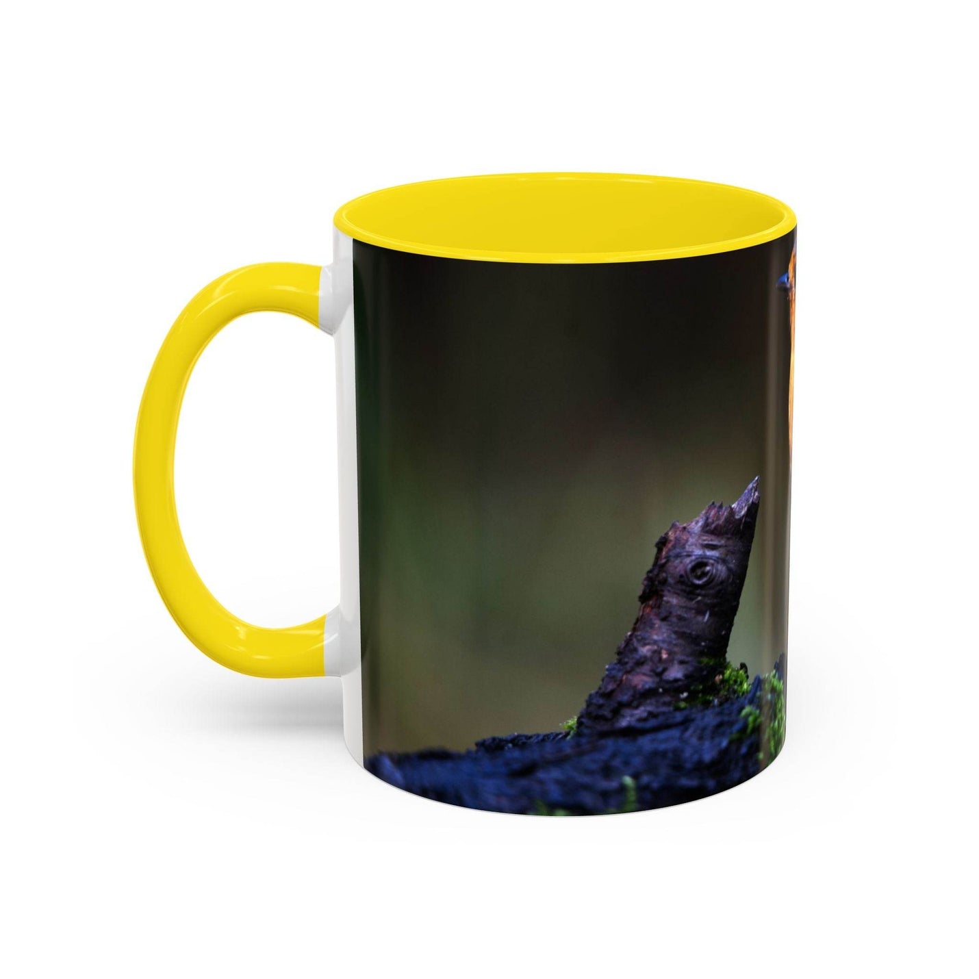 Nature-inspired 325ml robin mug with yellow inside and handle.