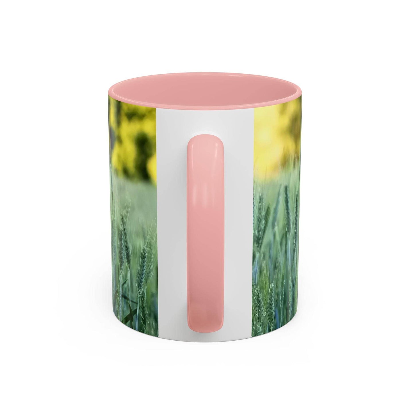 Premium 11oz Mug - Wheat Field Design Coffee Mug on a stand, featuring a pink handle and pink inside decoration.