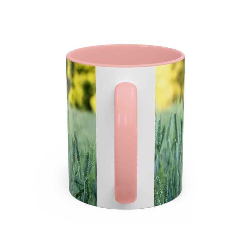 Premium 11oz Mug - Wheat Field Design Coffee Mug on a stand, featuring a pink handle and pink inside decoration.