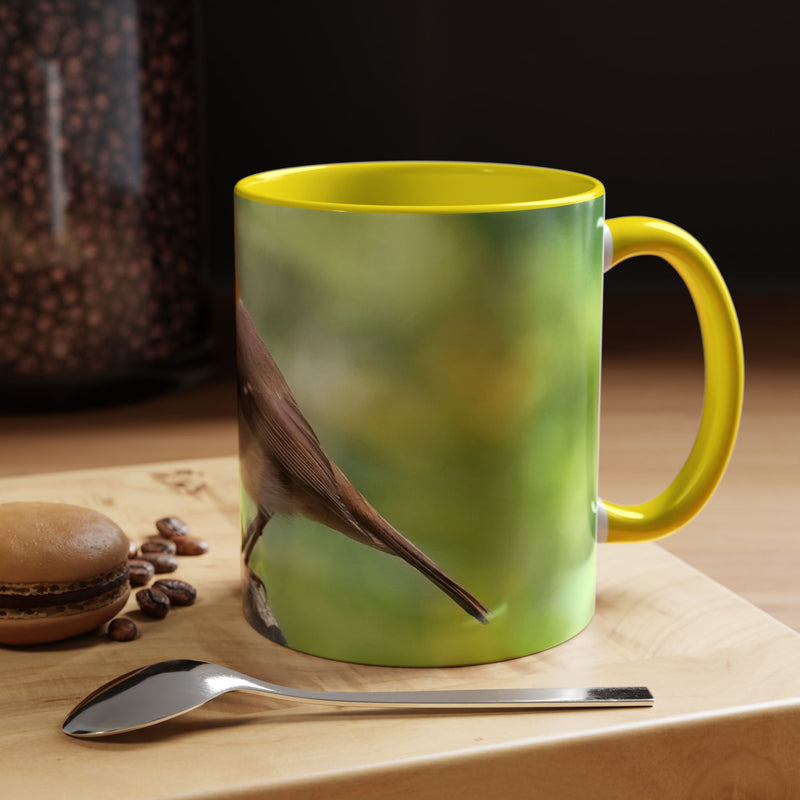 Stately Robin Ceramic Mug 325ml with Yellow handle and interior — sunny wildlife photography ceramic mug.