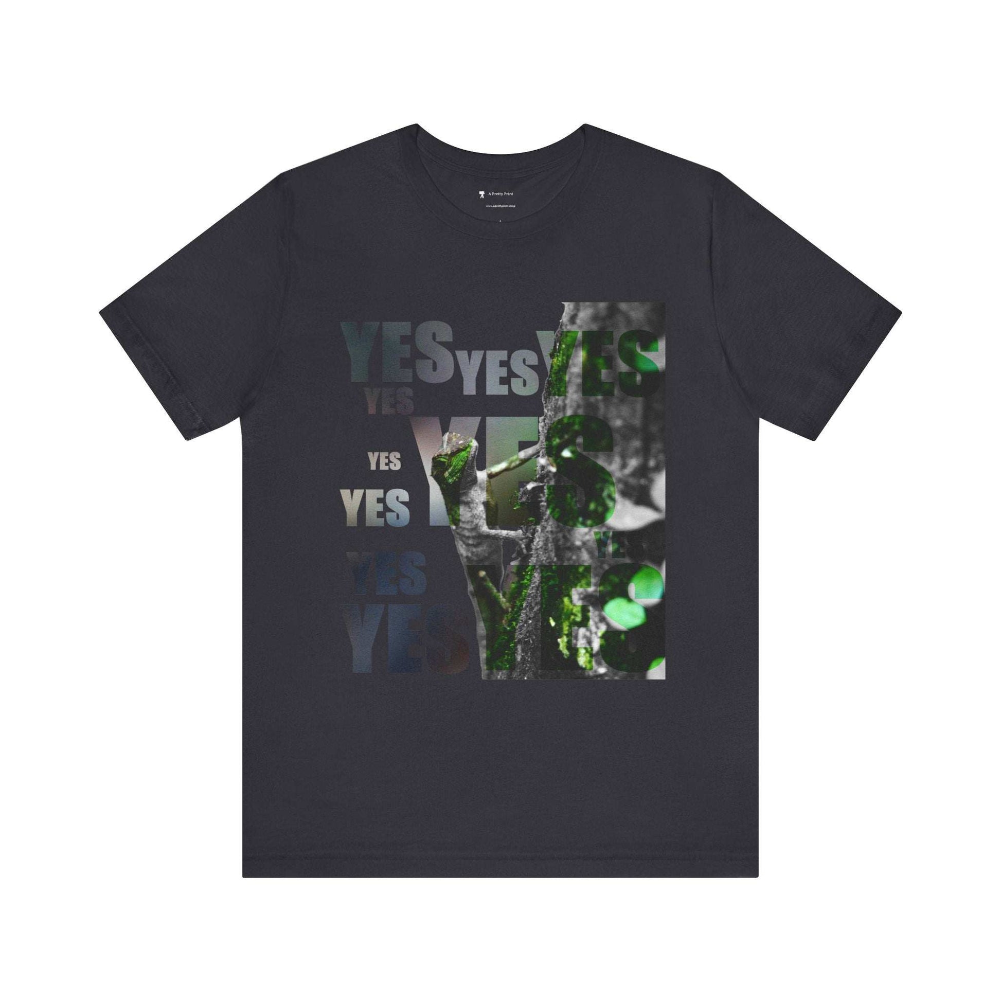 Unisex tee featuring a nature-inspired "Yes and No" graphic print, showcasing a blend of earthy tones on a comfortable black cotton fabric.