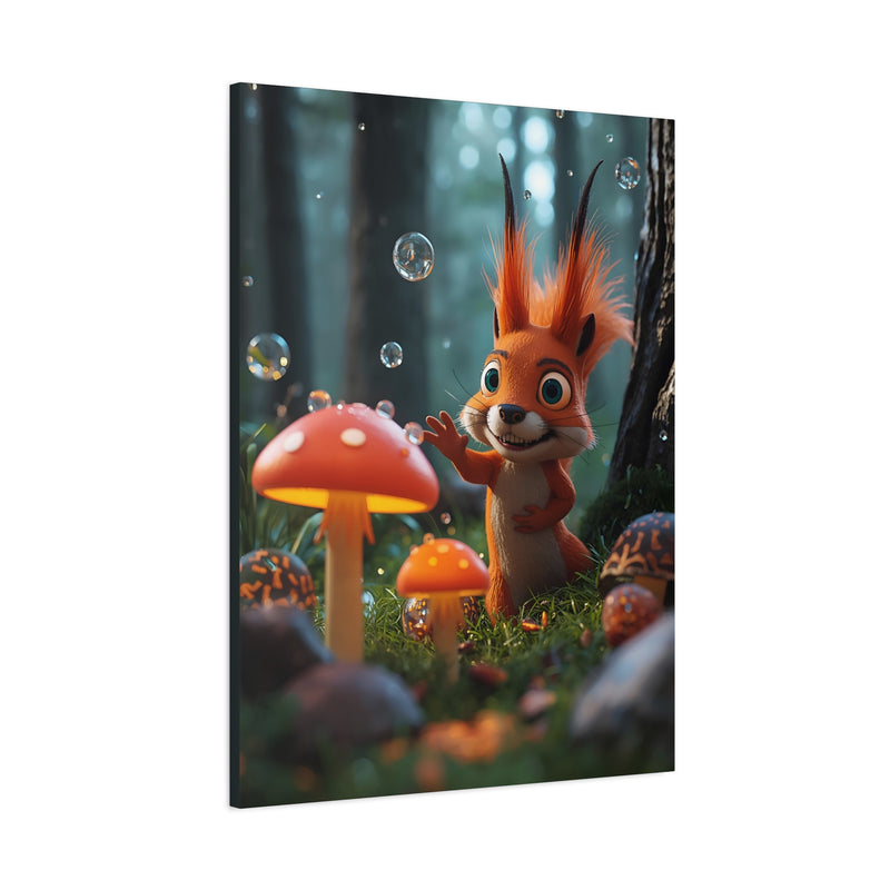 Cute Squirrel & Mushroom Canvas Print — Whimsical Forest Nursery Wall Art