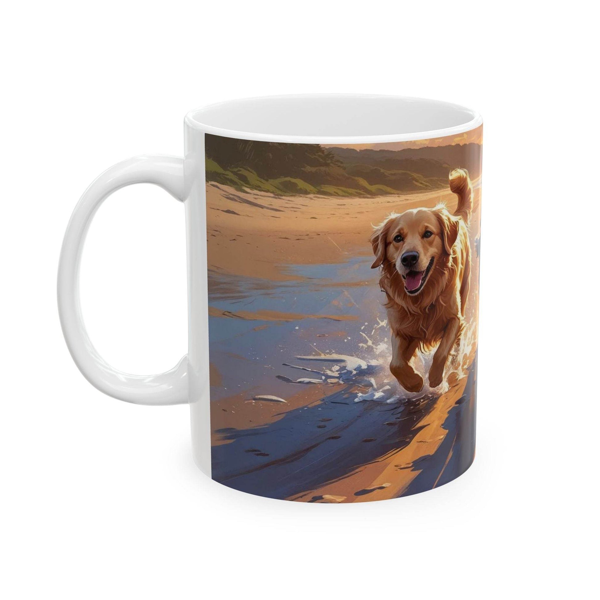 Mug - Running Dogs on the Beach at Sunset Ceramic Coffee Cup - A Pretty Print