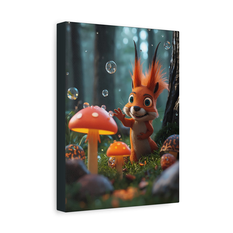 Cute Squirrel & Mushroom Canvas Print — Whimsical Forest Nursery Wall Art