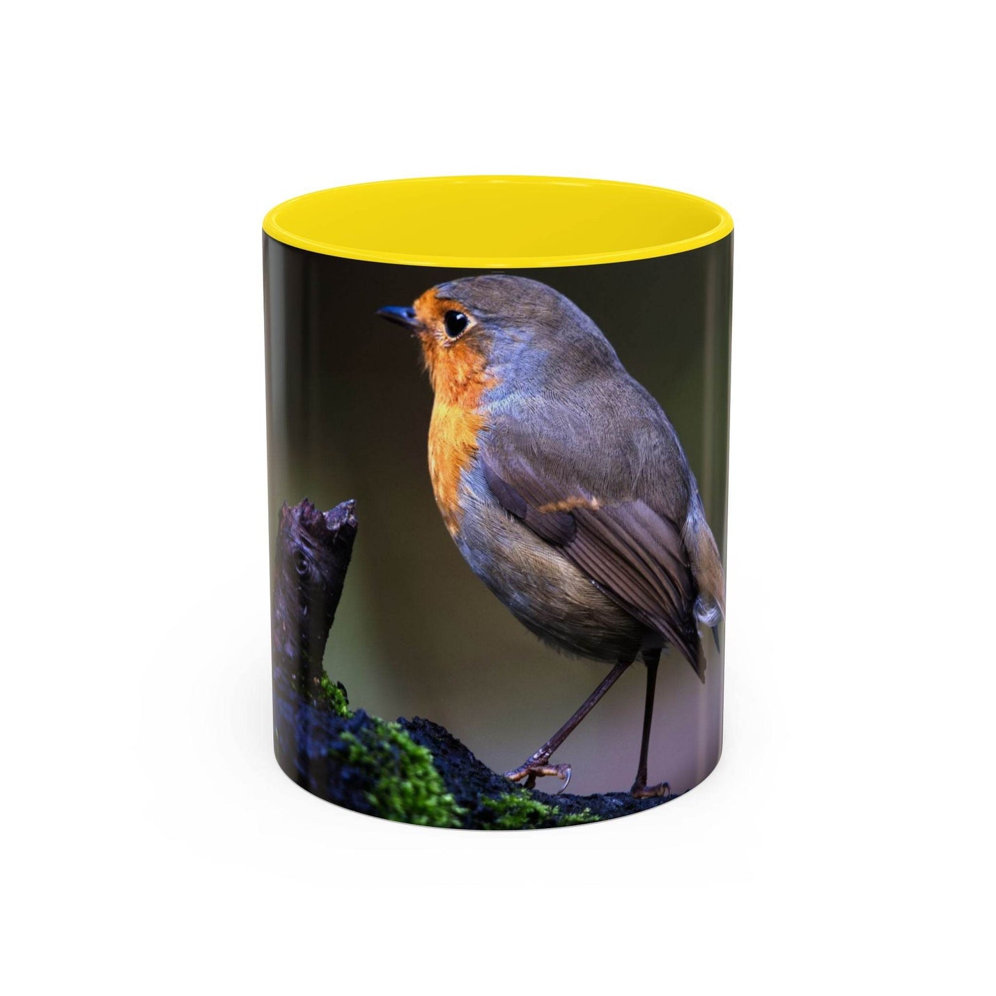 11oz robin coffee mug with a yellow handle and yellow inside, a beautiful nature gift for bird lovers.