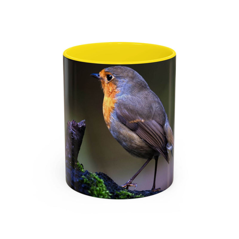 11oz robin coffee mug with a yellow handle and yellow inside, a beautiful nature gift for bird lovers.