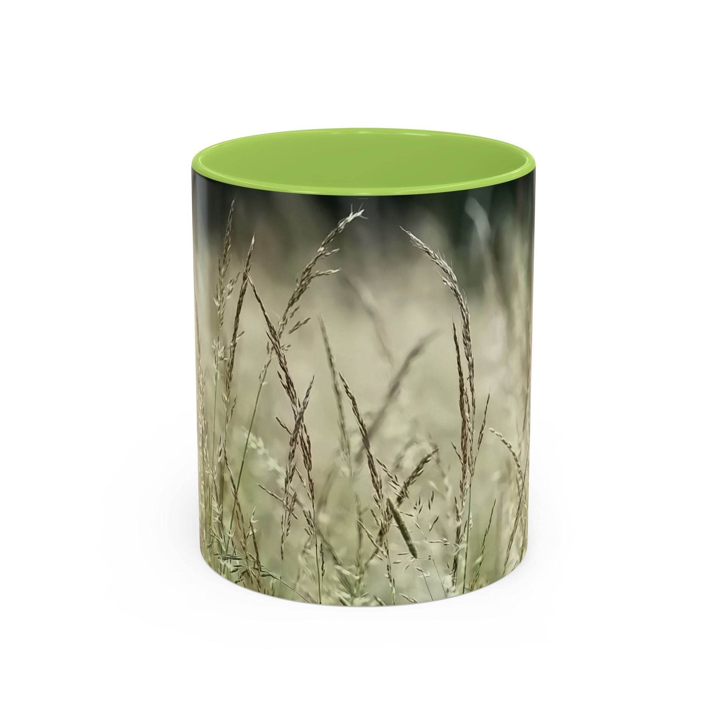 Schöner 325ml Natur-Becher mit blühendem Grasdruck, gestaltet mit einem sanften hellgrünen Henkel und hellgrüner Innenseite.