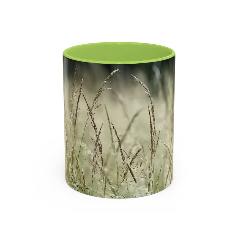Schöner 325ml Natur-Becher mit blühendem Grasdruck, gestaltet mit einem sanften hellgrünen Henkel und hellgrüner Innenseite.