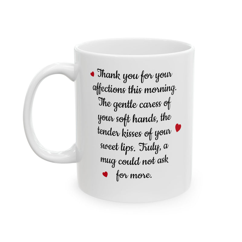 Intimate 11oz Romantic Love Letter Mug Ceramic Coffee Cup with handwritten style text on a modern kitchen counter.