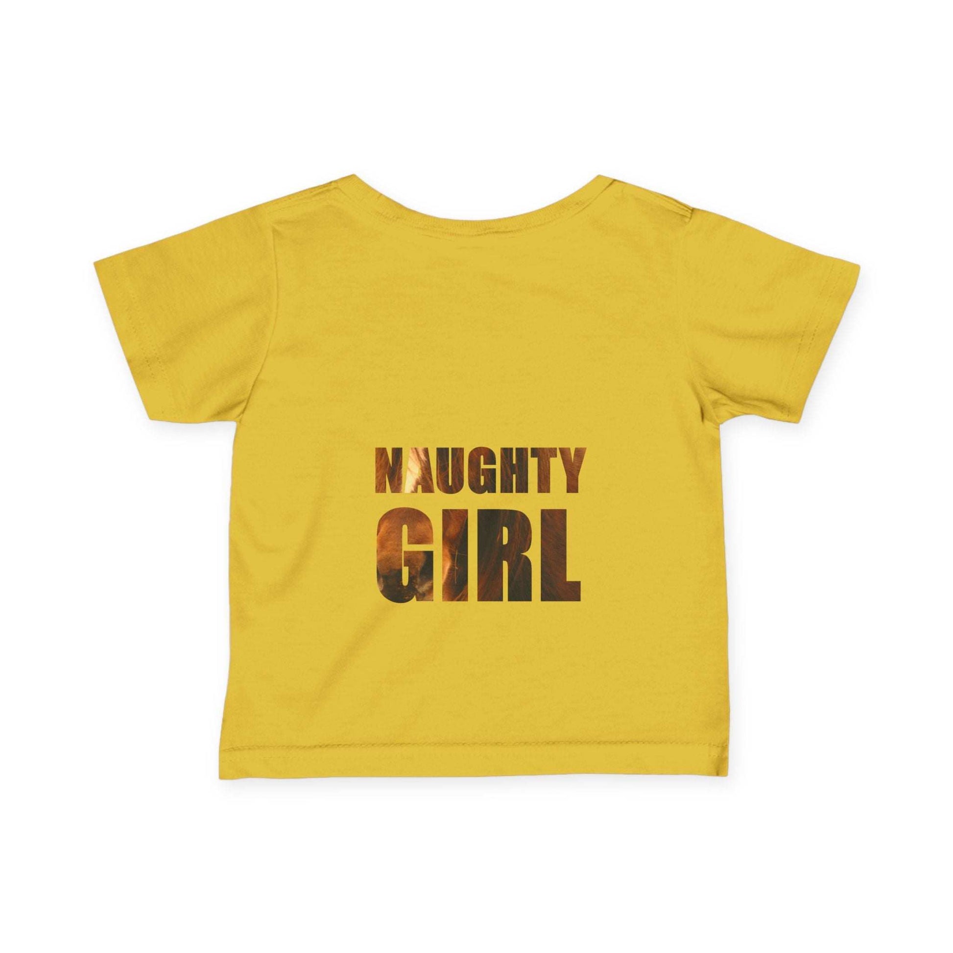 Yellow infant tee with "Naughty Girl" text featuring horse image, playful design for animal-loving girls.