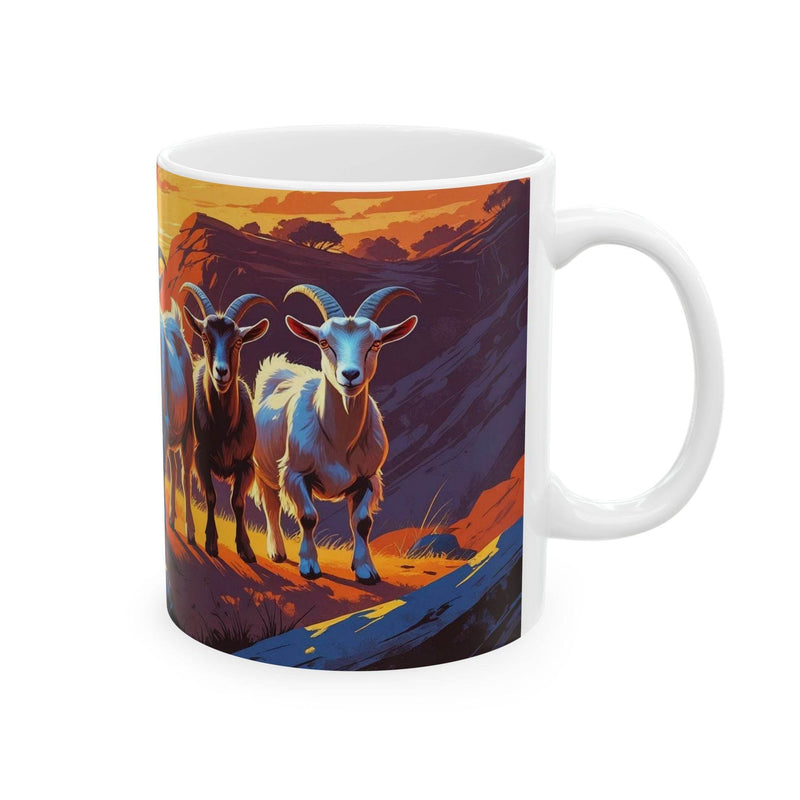 Premium 11oz nature inspired Mug Goats in the Mountains Ceramic Coffee Mug filled with warm tea on a dining table.