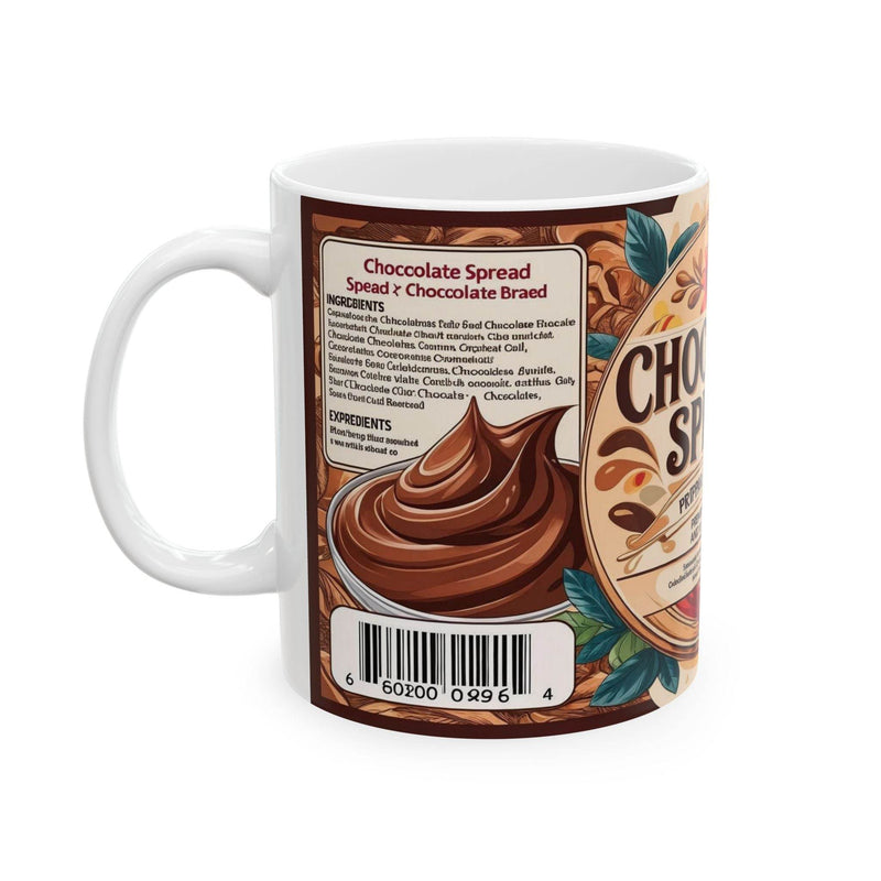 Vibrant 11oz ceramic Mug - Chocolate Spread Design Ceramic Coffee Mug with a glossy finish on a modern wooden kitchen counter.