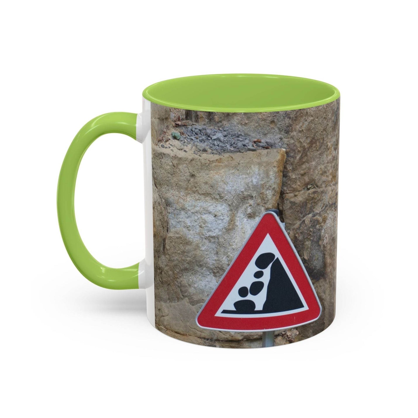 Abenteuerlicher 325ml Bergliebhaber Becher mit felsigem Steinschlag-Motiv, einem hellgrünen Henkel und hellgrüner Innenseite.