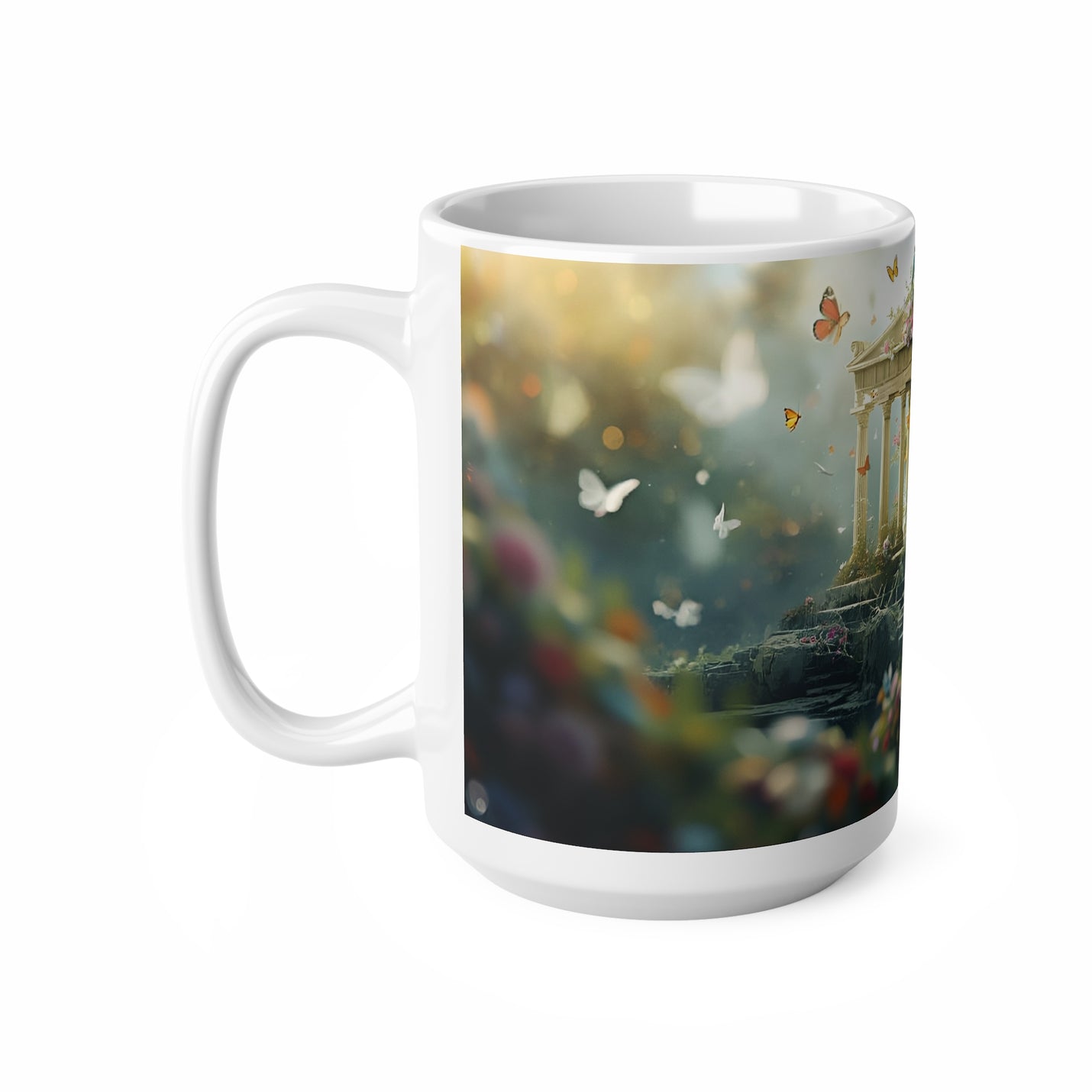 Durable 440ml white ceramic mug wrapped in a vibrant fantasy landscape of flowers and butterflies with protective ORCA coating.