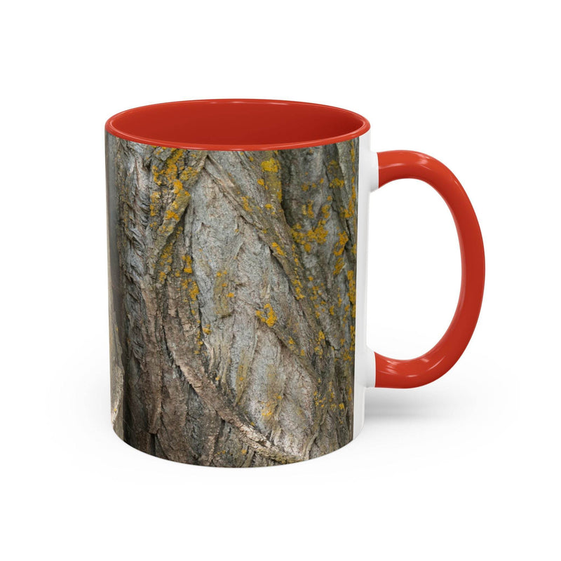 Premium 11oz Coffee Mug - Tree Trunk Design for autumn days, featuring a red handle and red inside.